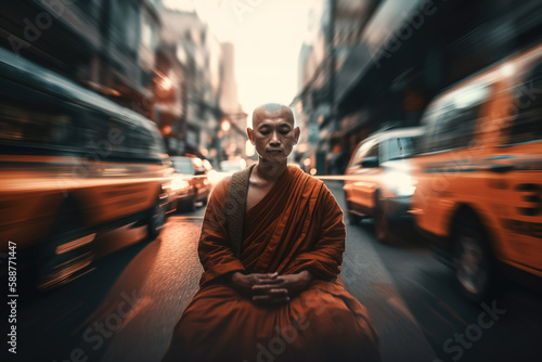 detachment and disconnect concept with Buddhist monk meditating on bussy street, Generative AI illustration