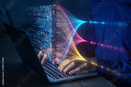 Data science and big data technology. Data scientist computing, analysing and visualizing complex data set on computer. Data mining, artificial intelligence, machine learning, business analytics.