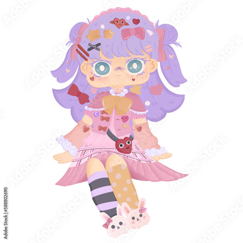 a sweet girl looks like a doll with harajuku pink dress