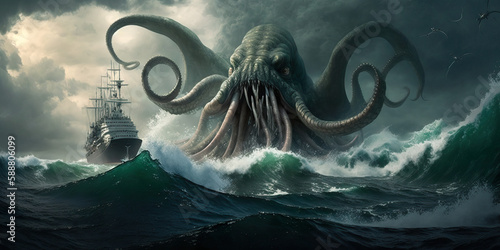 Kraken's Wrath: Giant sea monster attacks ships in epic battle. Generative AI