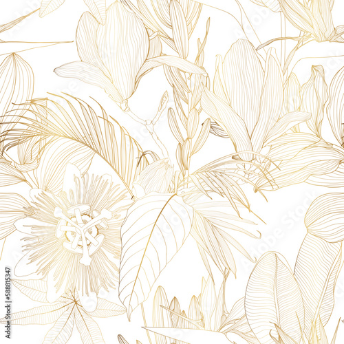 Luxury gold nature background. Floral seamless pattern, Golden exotic flowers, line arts illustration.