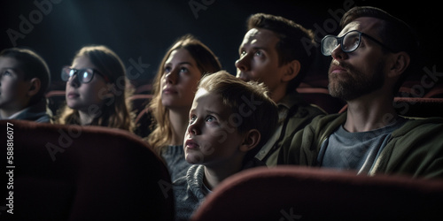 Family with children in the cinema watching a movie. Generative AI 