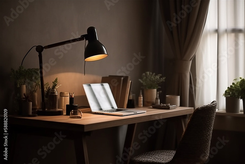 vista frontal Espaço de trabalho aconchegante com laptop, abajur e artigos de papelaria na mesa de madeira em casa. espaço para tex