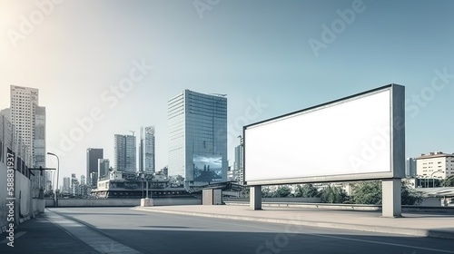 Cityscape Blank White Billboard Mockup with Blue Sky Background: Ideal for Eye-catching Advertising Campaigns, AI generated.