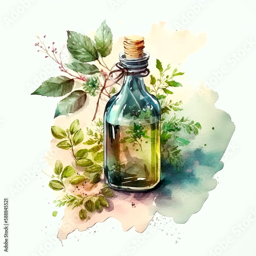 Bottle with herbal oil homeopathic herbs. Watercolor drawing. Generative AI,