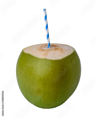 Green coconut with colored paper straw isolated on white background.