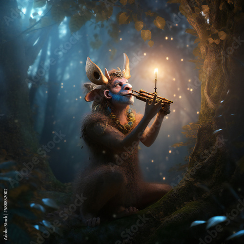 forest-dwelling satyr mesmerizes with pan flute performance, lush green leaves, generative AI 