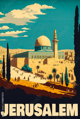 Vintage 1960s Jerusalem poster featuring iconic landmarks like the Western Wall and Dome of the Rock. Soft colors and flat design create a tranquil, spiritual vibe. Generative AI