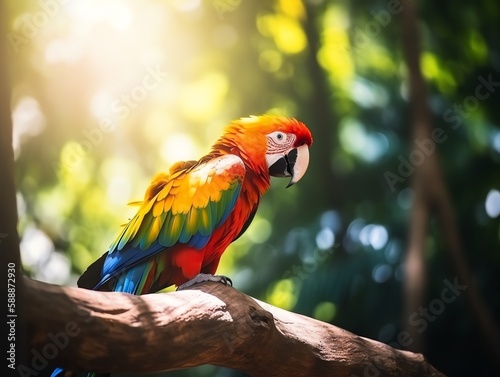 Colorful macaw parrot sitting on the tree in the forest