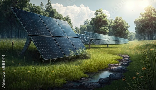 A beautiful landscape filled with green fields and blue skies, featuring highly realistic solar panels that harness the sun's energy to power our world sustainably. Generated by AI.