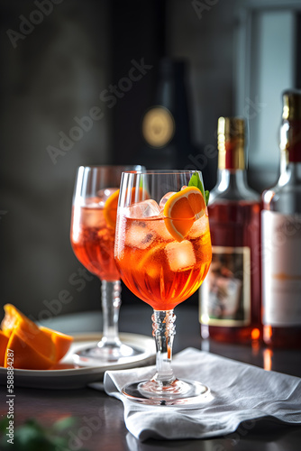 Aperol Spritz aperitif with ice and orange in glass on a concrete background. Summer refreshing drink concept. Aperitif on a dark background. Generated AI