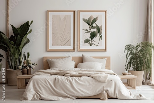 There are two empty picture frames in the bedroom. Large bed, pillows, and potted plants are present inside. Generative AI