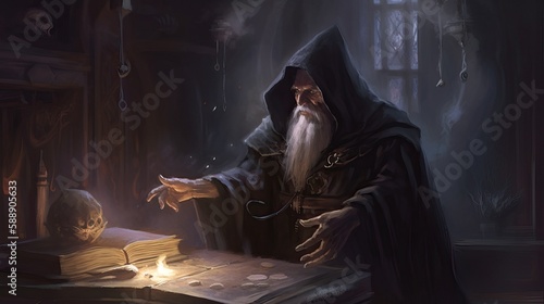 Fantasy Magician Wizard Black Robes Oil Painting Enchanting Sorcerer Generative AI