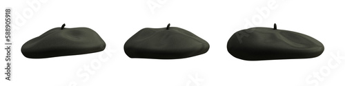 Black beret hat from different angles isolated on transparent background. 3D rendering