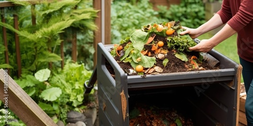 person composting food waste in backyard compost bin gardener, concept of Sustainability, created with Generative AI technology