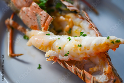 fresh lobster or rock lobster seafood with herb and spices lemon coriander parsley lettuce salad, spiny lobster food on plate, lobster for cooking food and seafood sauce