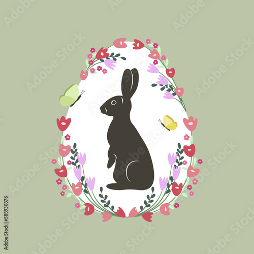 Ozdobna nowoczesna świąteczna kartka Wielkanocna. Uroczy króliczek i motyl. Wzorzyste jajko z zającem i kwiatami. Kolorowy wiosenny minimalistyczny design. Ilustracja wektorowa.