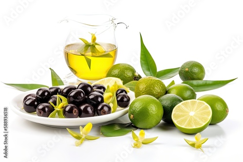 plate of assorted olives and a glass bottle of olive oil. Generative AI