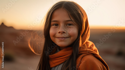 Portrait of native american girl at sunset by generative AI