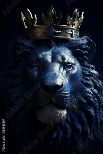 blue lion with golden mane on black background