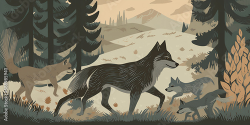 A mother wolf stands proud in a forest while her playful cubs run around her. Trees and a moon in background. Generative AI.