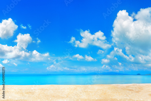 Tropical island paradise beach, blue sea water, turquoise ocean, sand, sun sky white clouds, beautiful panorama landscape, summer holidays concept, vacation template, travel banner, empty copy space