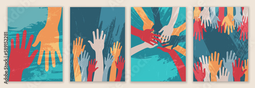 Creative poster design with raised hands of volunteers. Recruitment volunteer. Non profit.Volunteerism.NGO Aid. Call for volunteers template.Background drawn with paint splash brushes