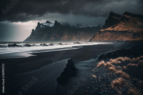 black sand beach, generative ai