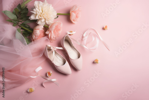 Wallpaper with ballet dance accessories and pink flowers, top view, rose pastel colors, copy space. Airy tulle textiles, pointe shoes, jewelry. Banner template for ballet school. Generative AI art.
