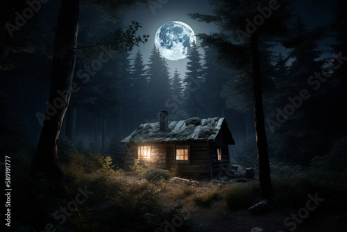 Cabin in the woods at night time generative AI