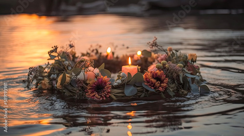 burning candles in the water and flower crown. Generative AI image.
