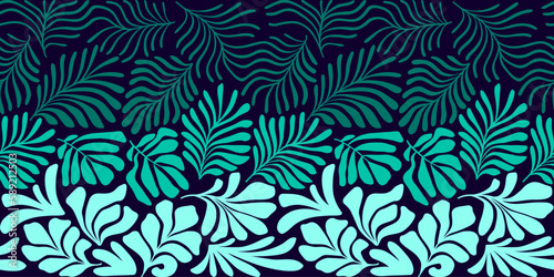 Turquoise green abstract background with tropical palm leaves in Matisse style. Vector seamless pattern with Scandinavian cut out elements.