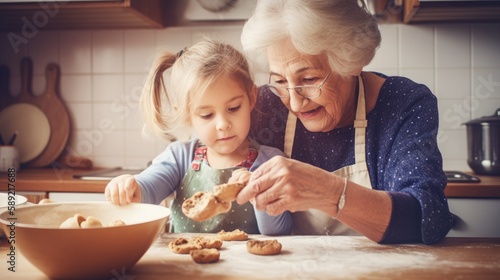 Summer 2023 atmosphere. A grandmother and her grandchild baking cookies together in the kitchen. Generative ai.