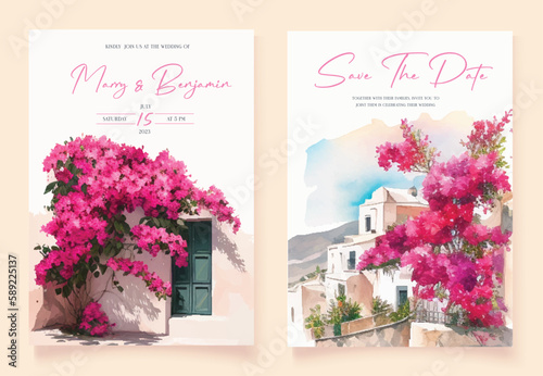 Set of wedding invitation with hand drawn watercolor spring pink bougainvillea flower background