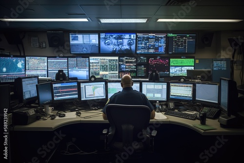 Police officer working in control room full of computer screens. Generative AI