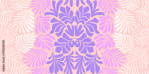 Pastel pink purple brown abstract background with tropical palm leaves in Matisse style. Vector seamless pattern with Scandinavian cut out elements.