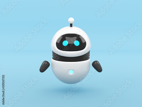 Cute white robot with screen face and blue eyes, 3d render isolated on white background, rounded bot assistant