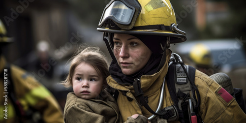 A female firefighter carrying a child to safety during a rescue mission, demonstrating authority, confidence, and responsibility in her role (created with Generative AI)