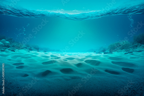 Background of an expansive underwater blue ocean with a sandy sea floor. Generative AI