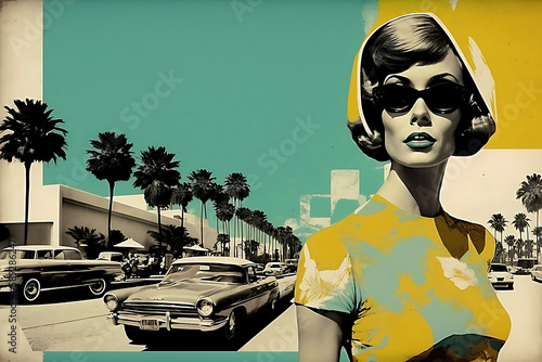 1960s style vacation travel poster. Young fashionable woman and a tropical town. AI generated illustration.