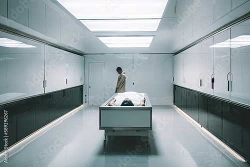A scene in the hospital morgue where corpses are taken after death created with Generative AI technology