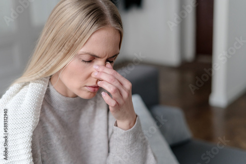 sick woman with sinusitis and pressure feel unwell