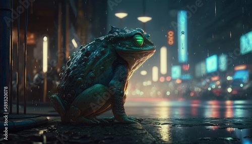 Toad and frog guard in cyberpunk style, in the night city. Cyber Frogs. Generative AI