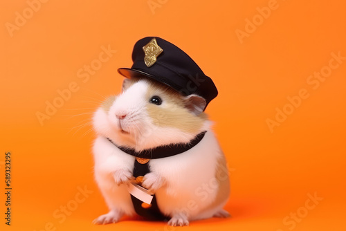 A fluffy hamster in a cop costume with a small black police cap. A hamster dressed as a policeman. Isolated on a flat orange background, copy space banner template. Generative AI photo.