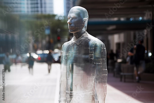 transparent invisible person on the city street. ai generated