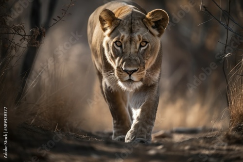 Beautiful lioness in nature in a natural habitat. AI generated, human enhanced