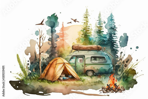 Watercolor camping concept art, caravan travel lifestyle illustration, generative ai