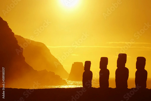 View of moais by the ocean on a sunny summer evening in Easter Island - Rapa Nui in Chile