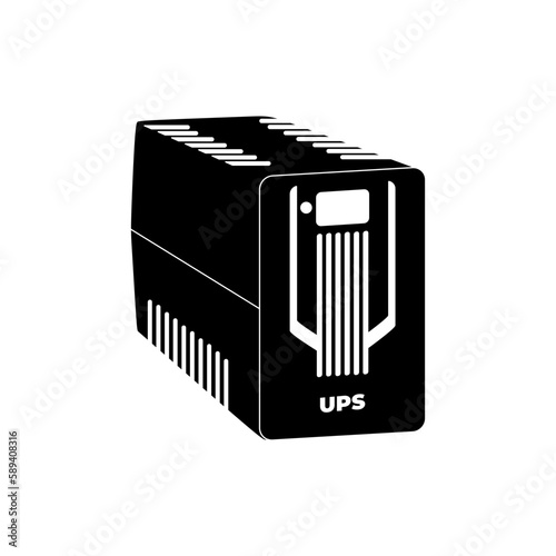 Computer UPS black icon vector illustration in trendy simple design style. Uninterruptible power supply, Accumulator battery power bank backup for computer. Editable graphic resources.