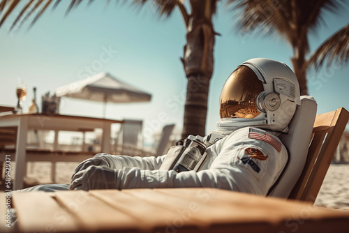 An astronaut in a space suit on a summer vacation lies on a deck chair on the beach. ai generated